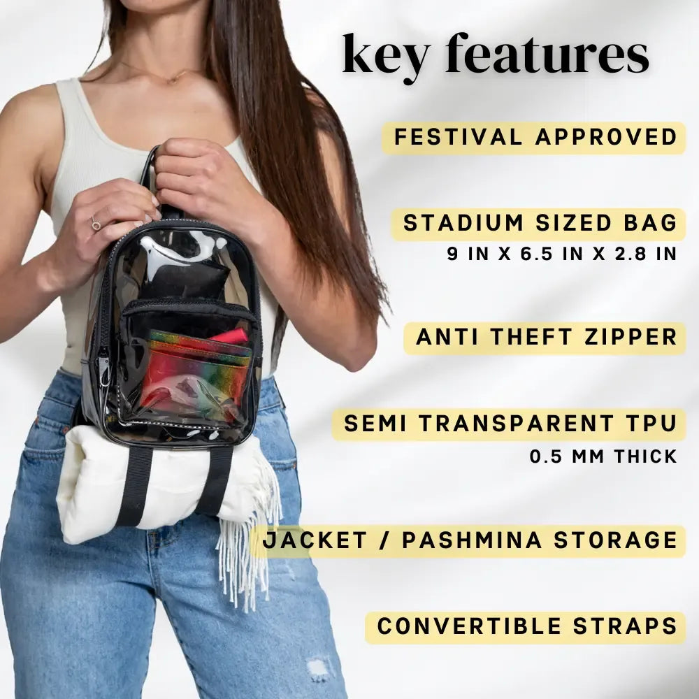 Anti-Theft Mini Backpack Black Clear Transparent Small Convertible Straps Crossbody for Raves Stadium Festival Concert