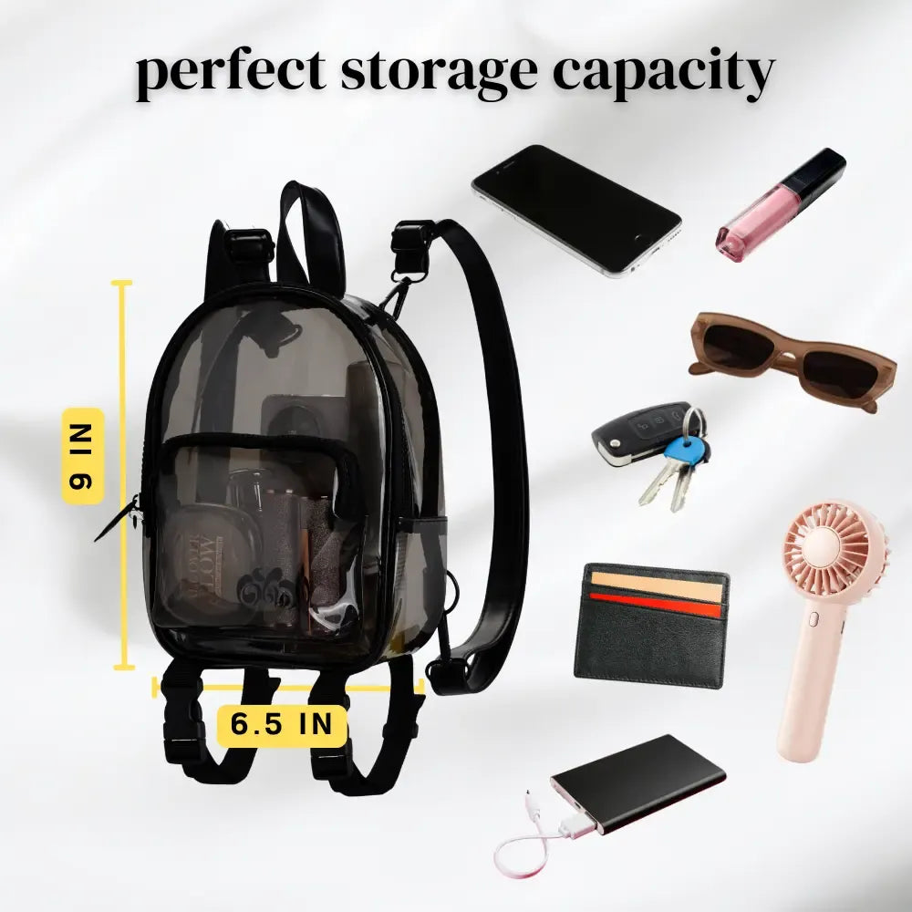 Anti-Theft Mini Backpack Black Clear Transparent Small Convertible Straps Crossbody for Raves Stadium Festival Concert