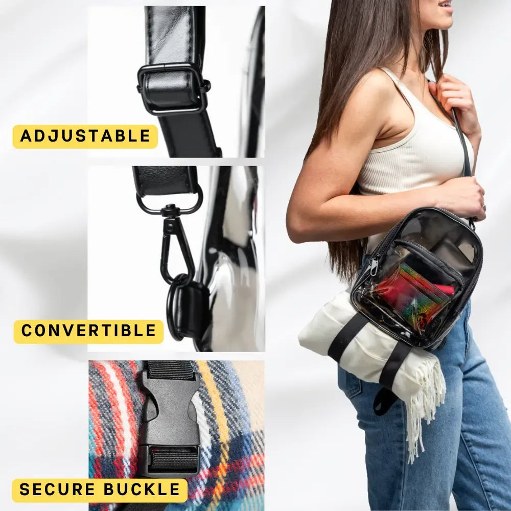 Anti-Theft Mini Backpack Black Clear Transparent Small Convertible Straps Crossbody for Raves Stadium Festival Concert