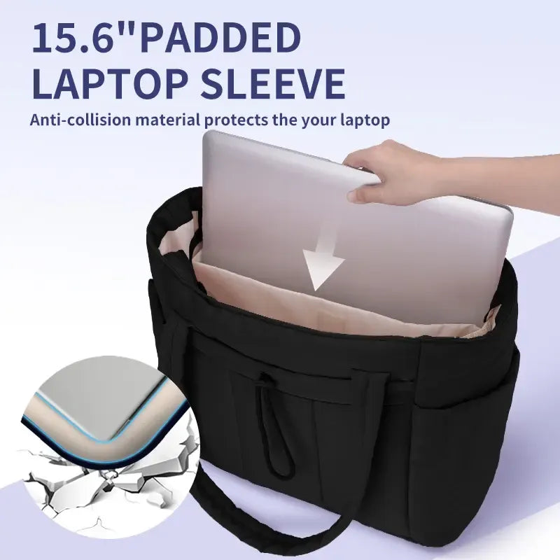 Wandering Nature Puffer Tote Bag for Women – Quilted Laptop Shoulder Bag with Cup Holder