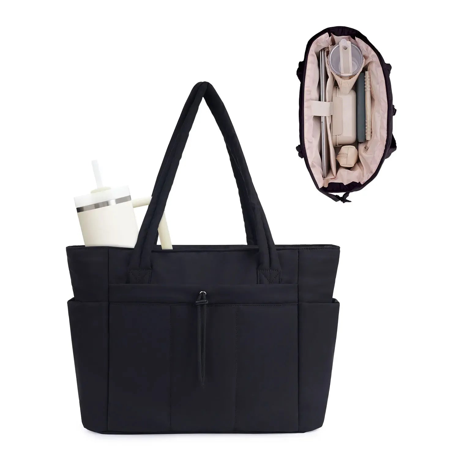 Wandering Nature Puffer Tote Bag for Women – Quilted Laptop Shoulder Bag with Cup Holder