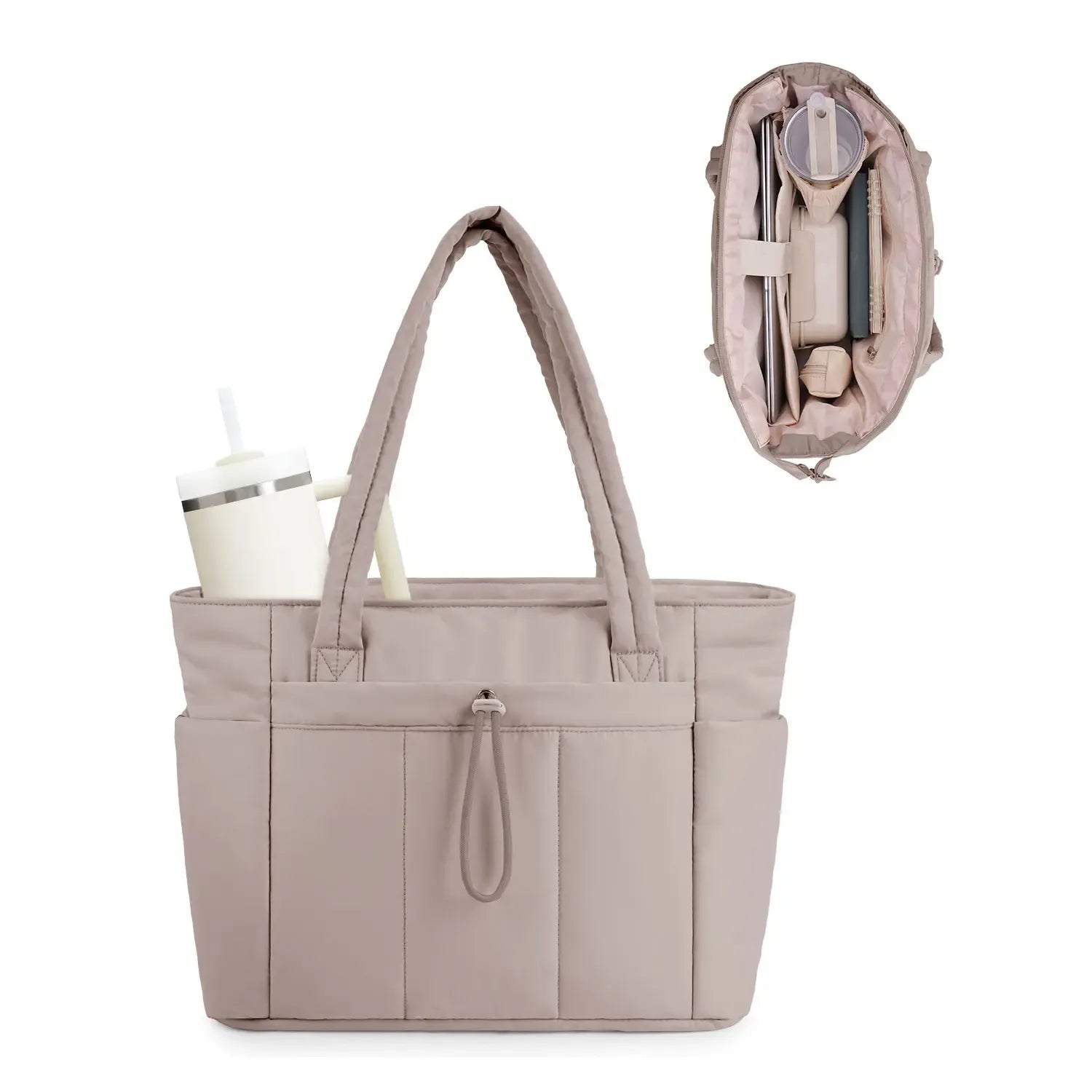 Wandering Nature Puffer Tote Bag for Women – Quilted Laptop Shoulder Bag with Cup Holder