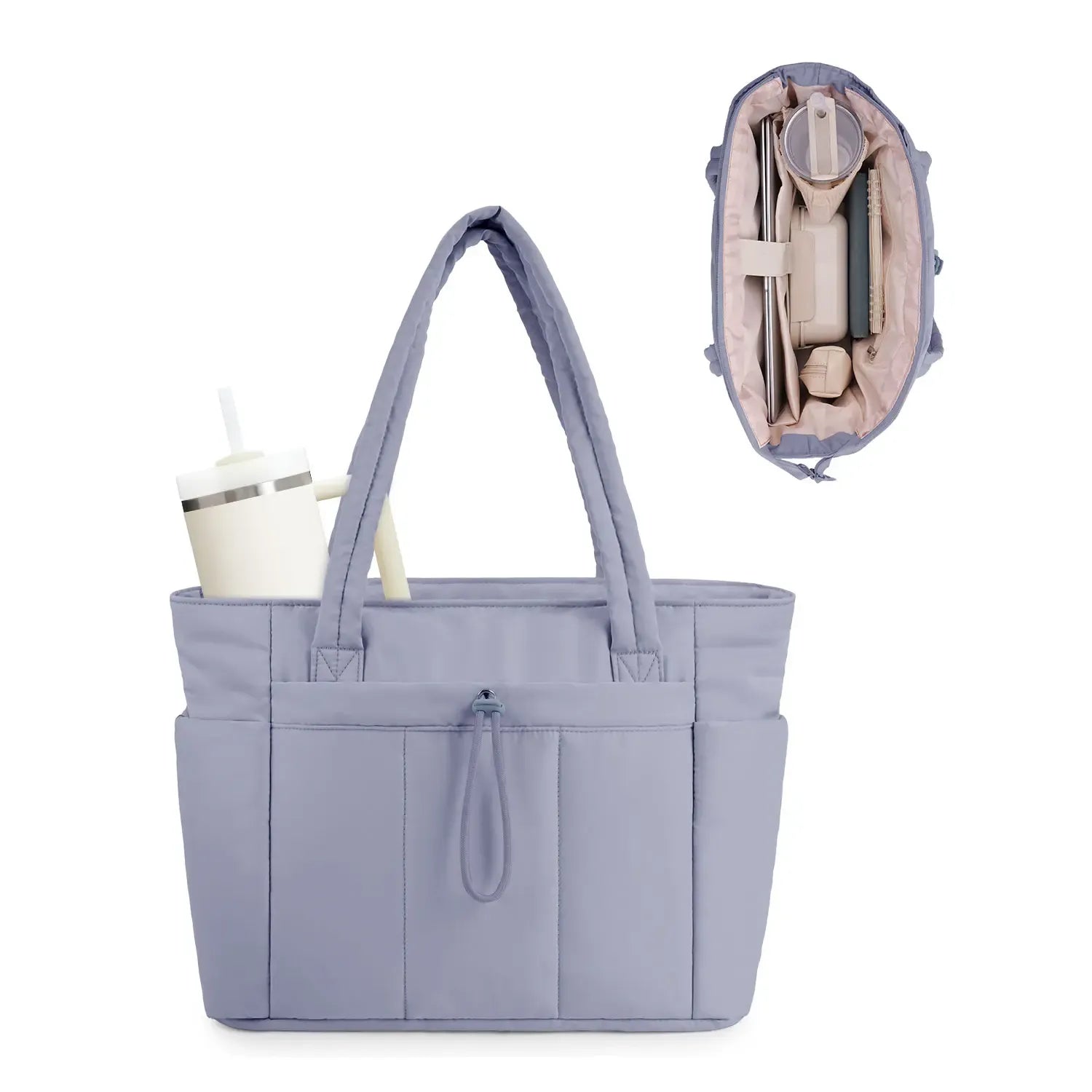 Wandering Nature Puffer Tote Bag for Women – Quilted Laptop Shoulder Bag with Cup Holder
