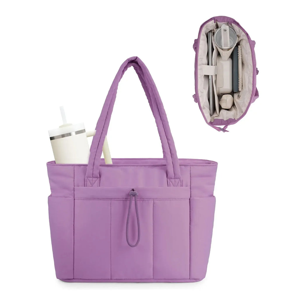 Wandering Nature Puffer Tote Bag for Women – Quilted Laptop Shoulder Bag with Cup Holder