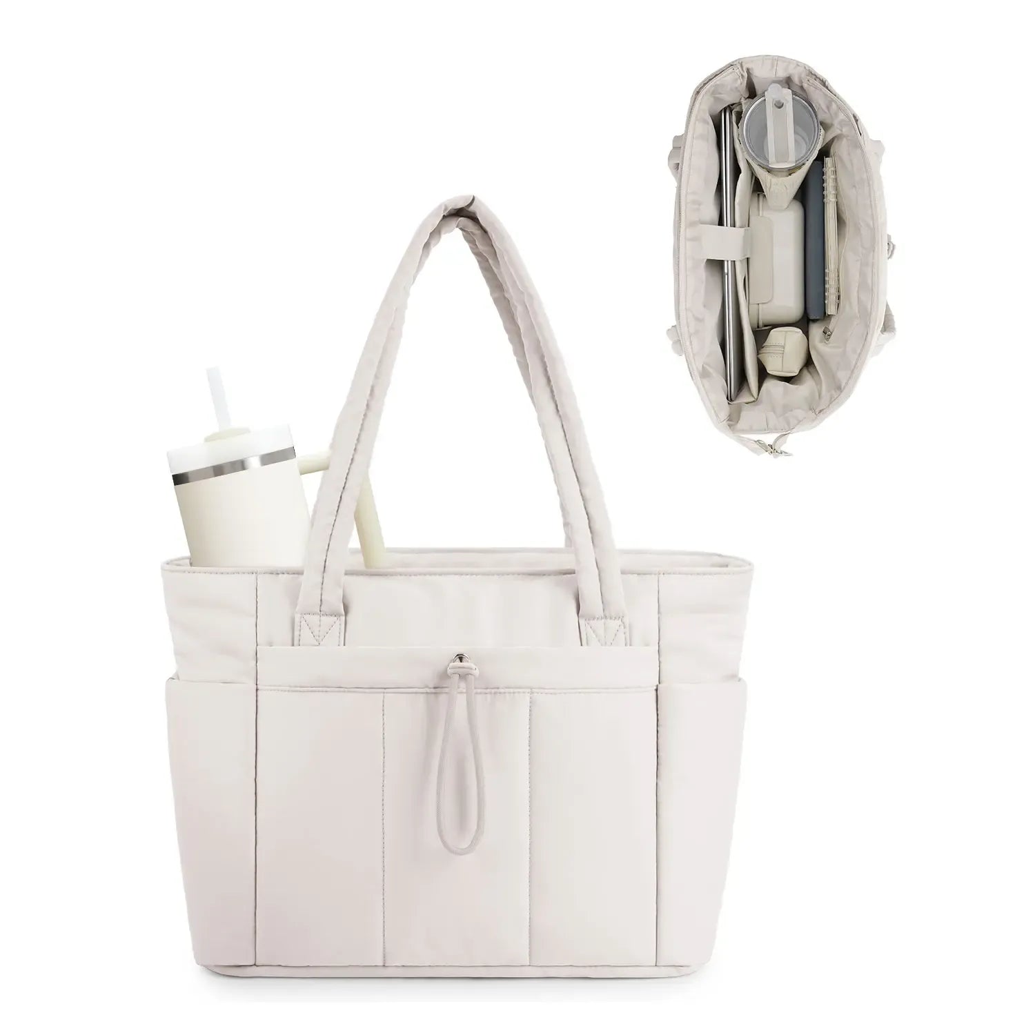 Wandering Nature Puffer Tote Bag for Women – Quilted Laptop Shoulder Bag with Cup Holder