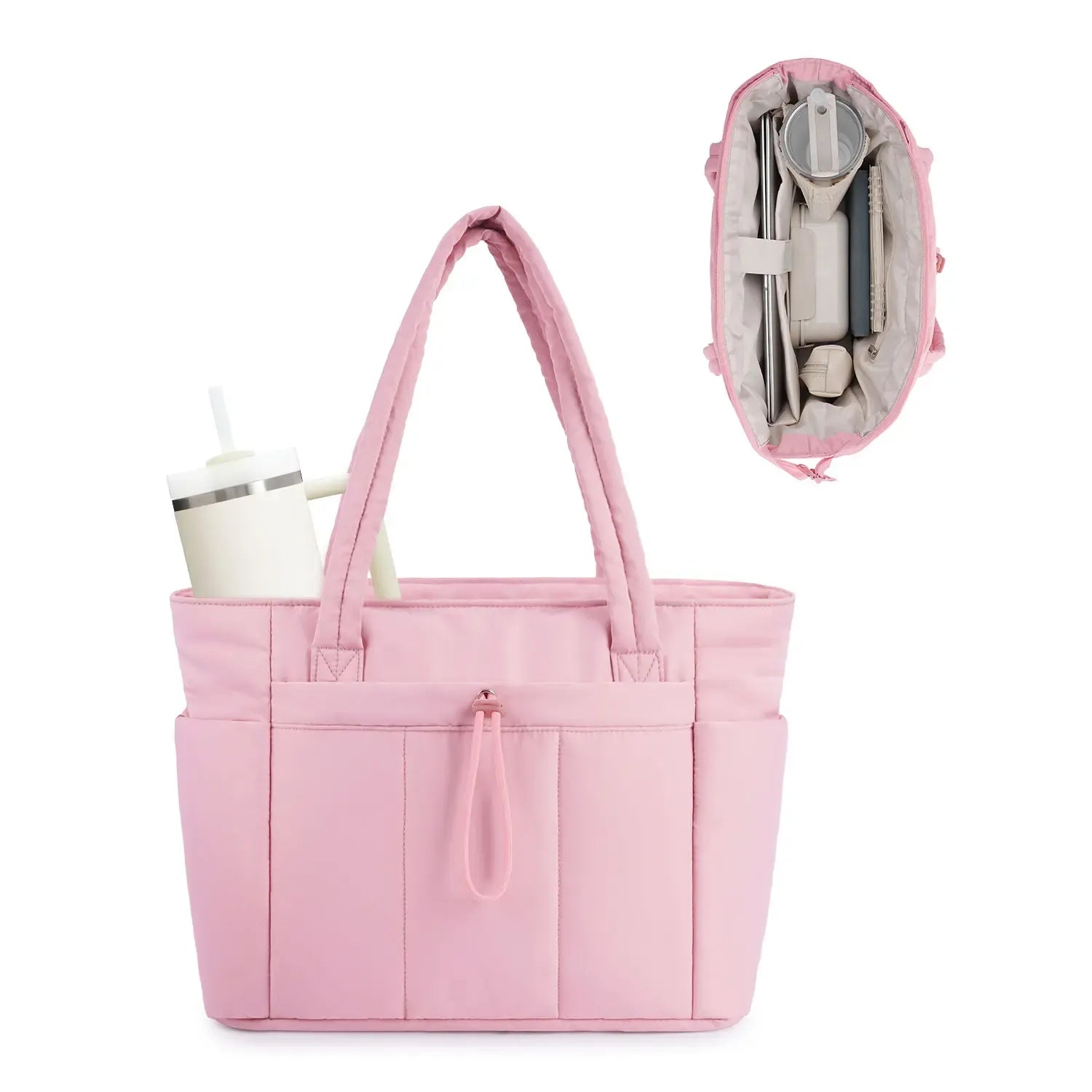 Wandering Nature Puffer Tote Bag for Women – Quilted Laptop Shoulder Bag with Cup Holder