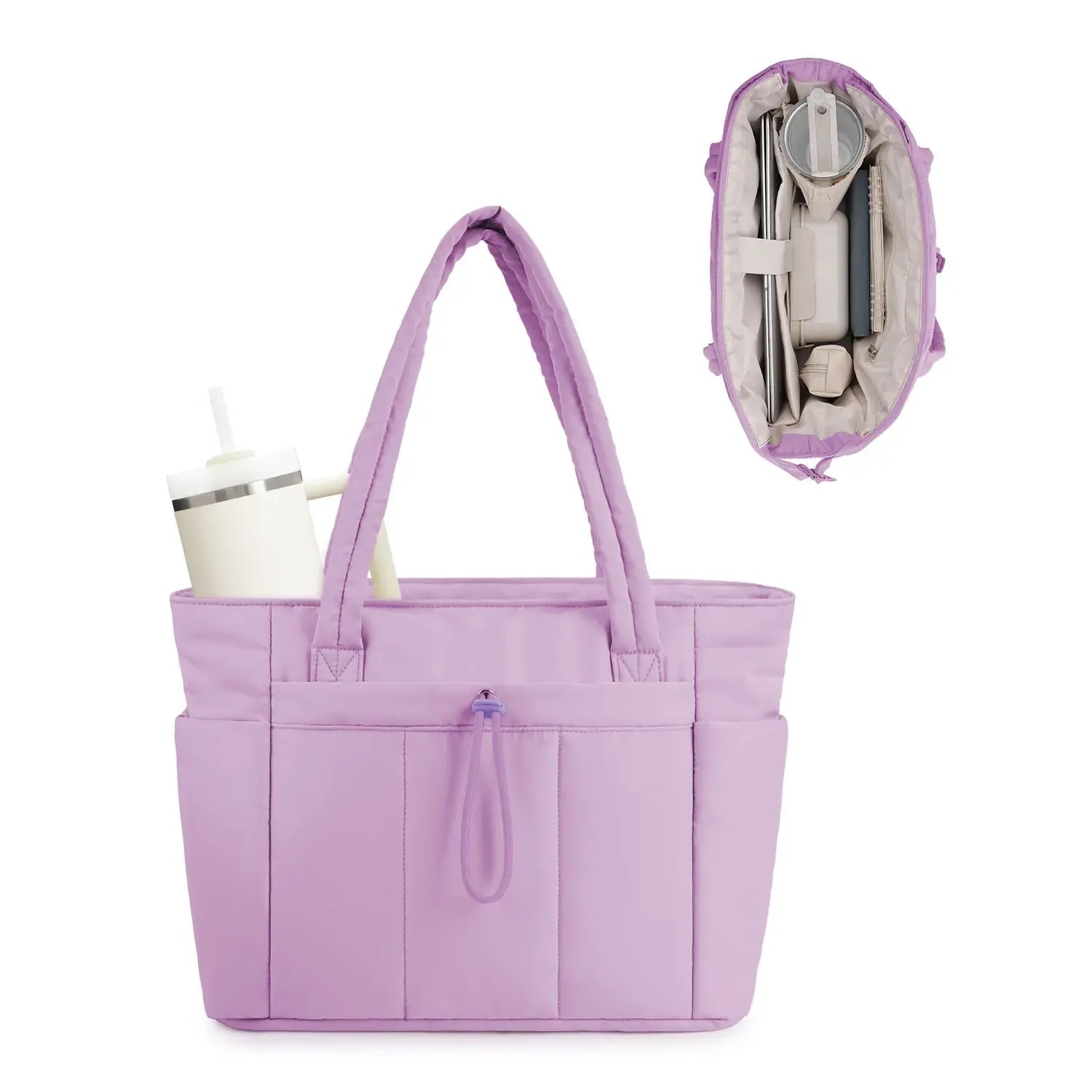 Wandering Nature Puffer Tote Bag for Women – Quilted Laptop Shoulder Bag with Cup Holder