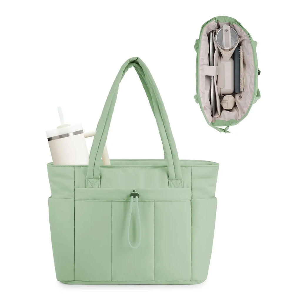 Wandering Nature Puffer Tote Bag for Women – Quilted Laptop Shoulder Bag with Cup Holder
