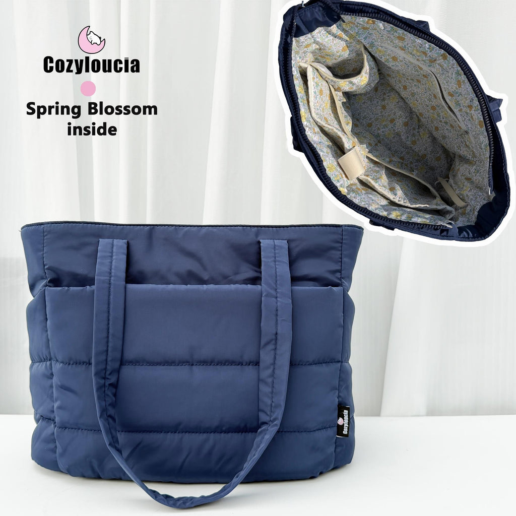 CozyLoucia Cute Puffer Tote Bag for Women Pink Flower Print Interior Laptop Shoulder Handbag