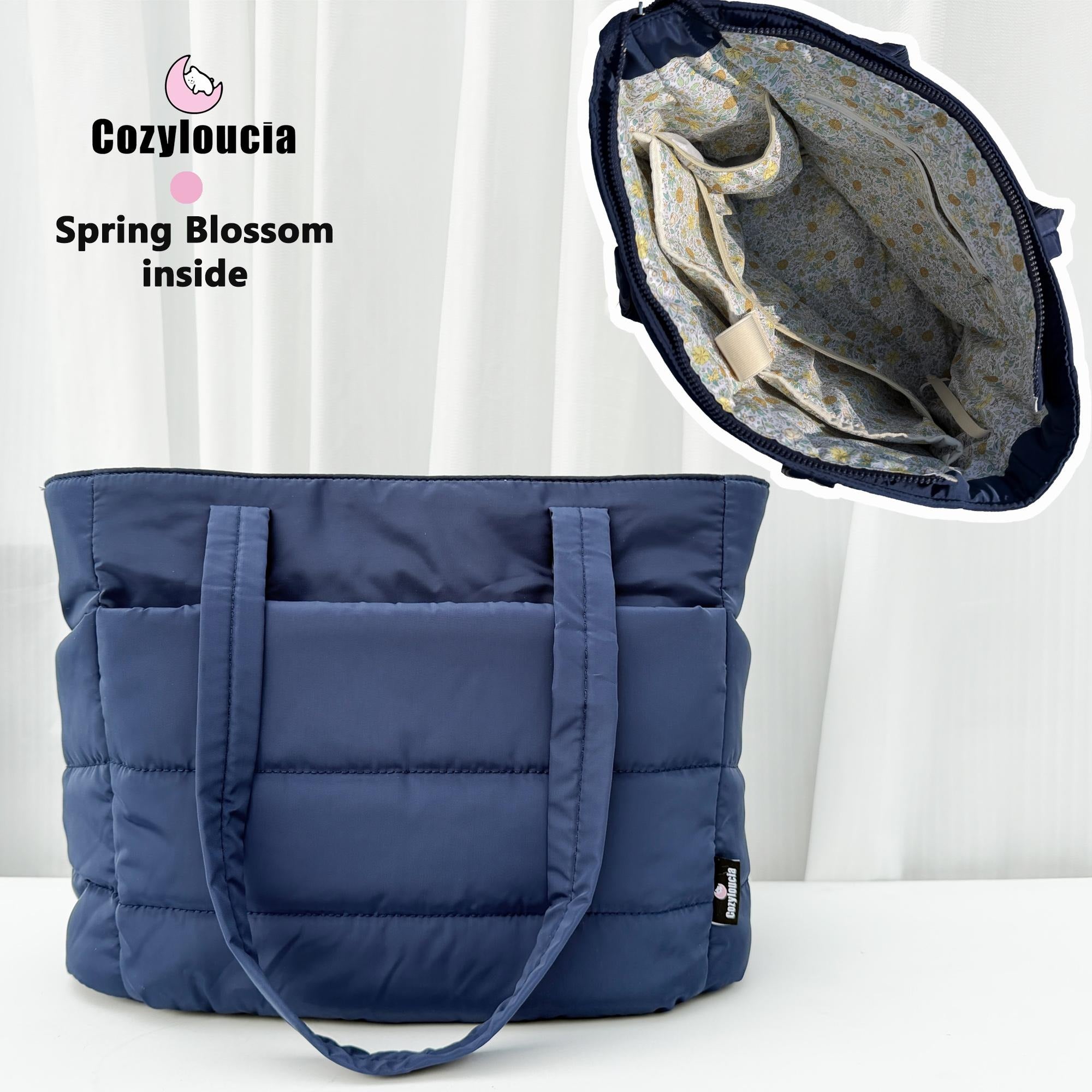 CozyLoucia Cute Puffer Tote Bag for Women Pink Flower Print Interior Laptop Shoulder Handbag
