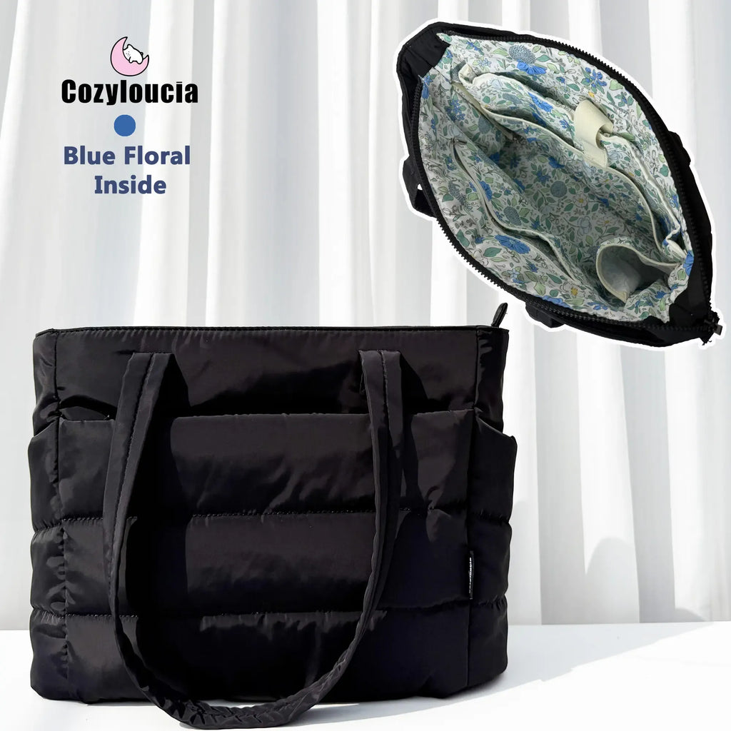 CozyLoucia Cute Puffer Tote Bag for Women Pink Flower Print Interior Laptop Shoulder Handbag