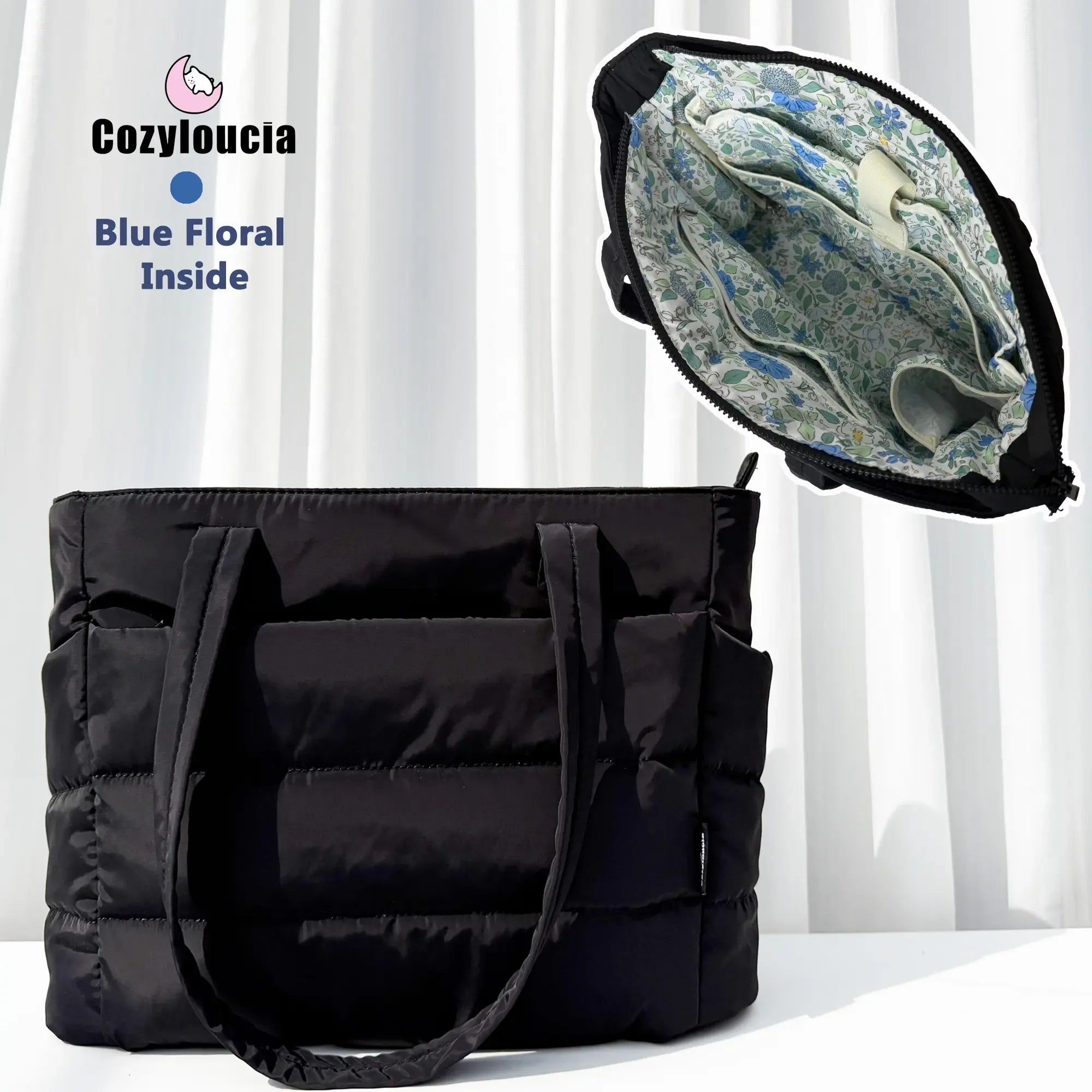 CozyLoucia Cute Puffer Tote Bag for Women Pink Flower Print Interior Laptop Shoulder Handbag