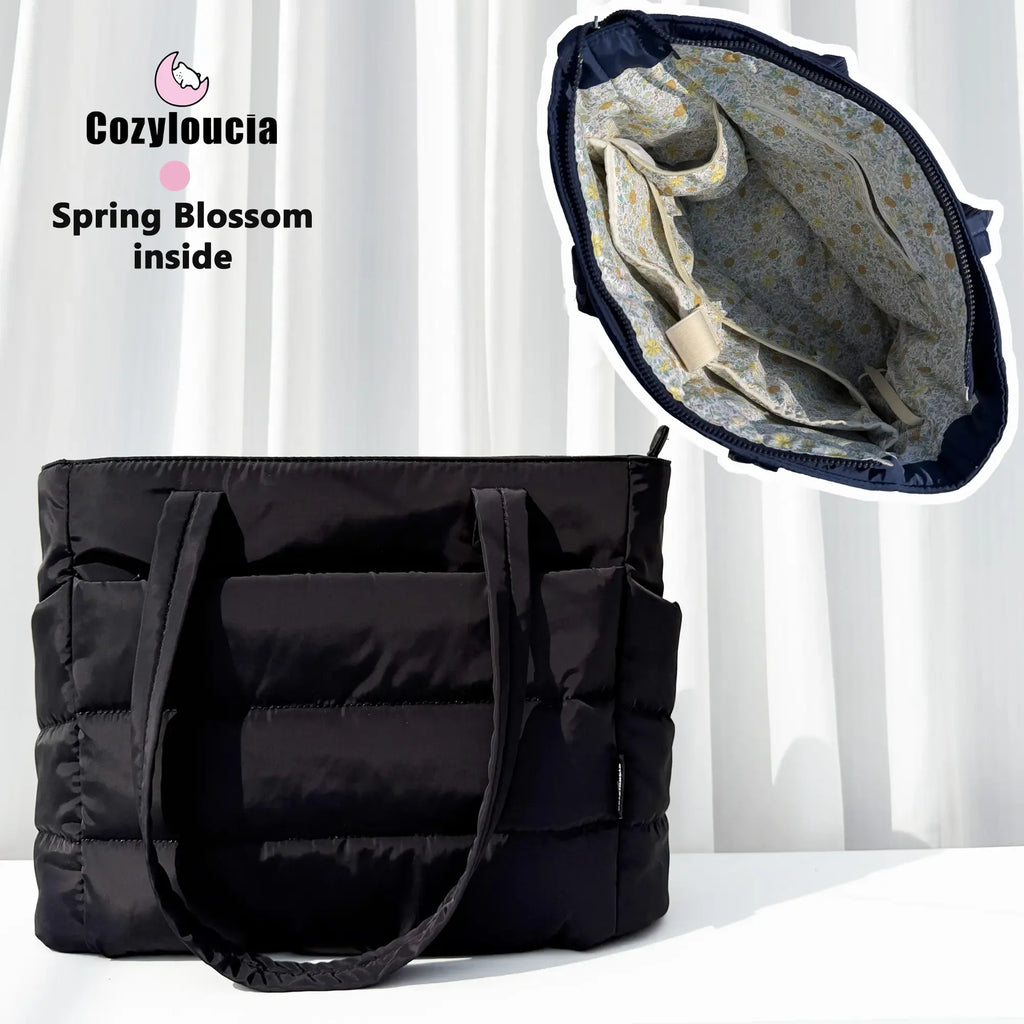 CozyLoucia Cute Puffer Tote Bag for Women Pink Flower Print Interior Laptop Shoulder Handbag
