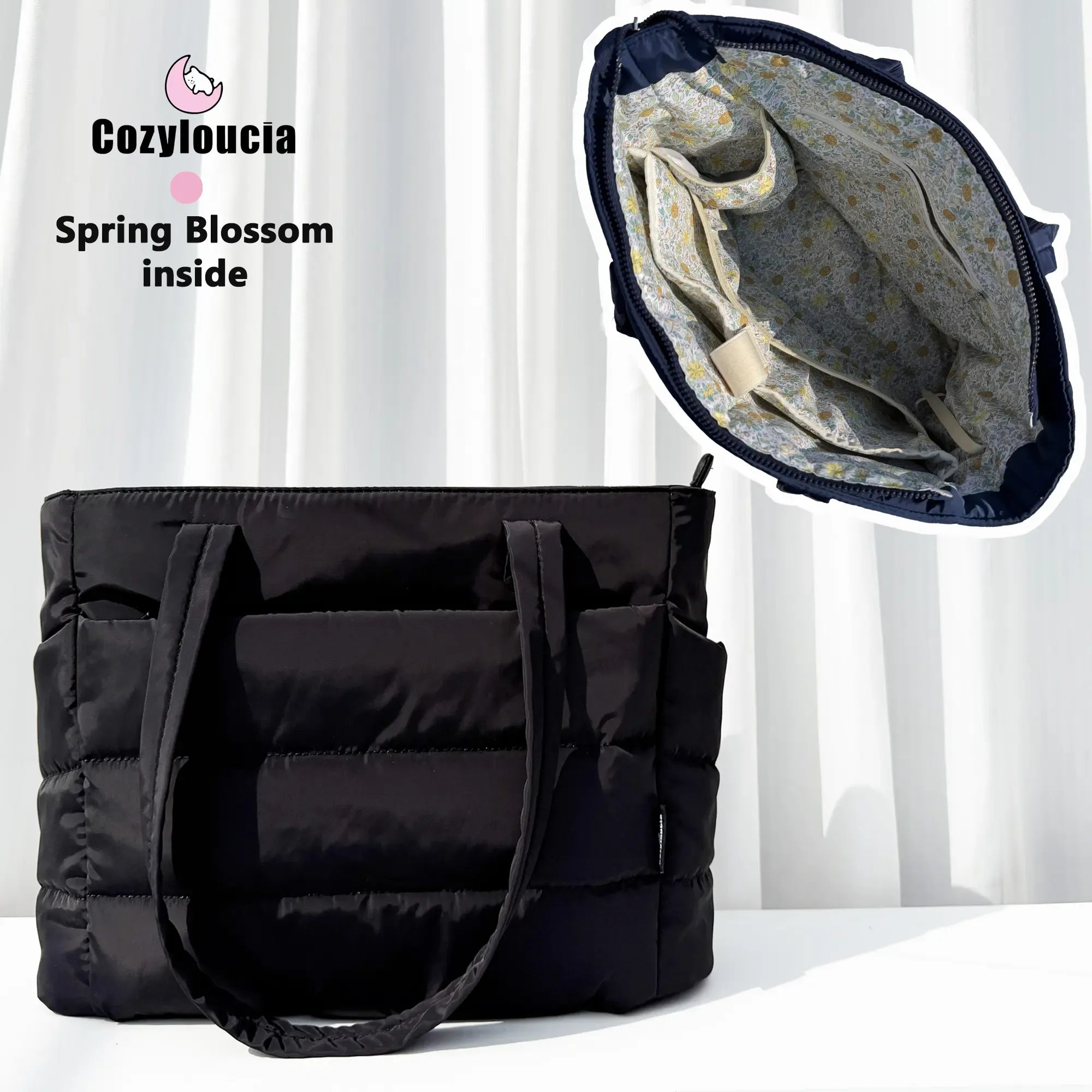 CozyLoucia Cute Puffer Tote Bag for Women Pink Flower Print Interior Laptop Shoulder Handbag