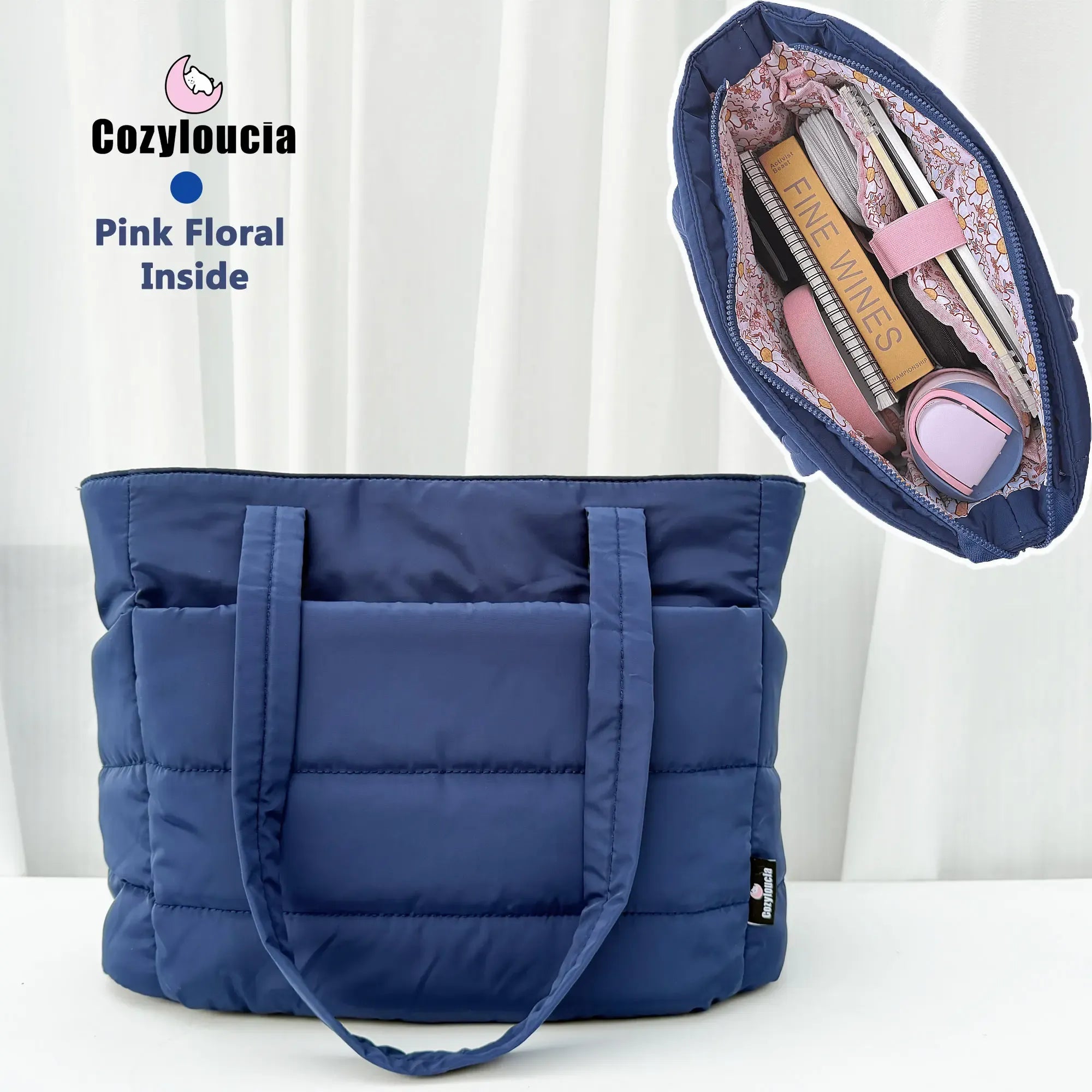 CozyLoucia Cute Puffer Tote Bag for Women Pink Flower Print Interior Laptop Shoulder Handbag