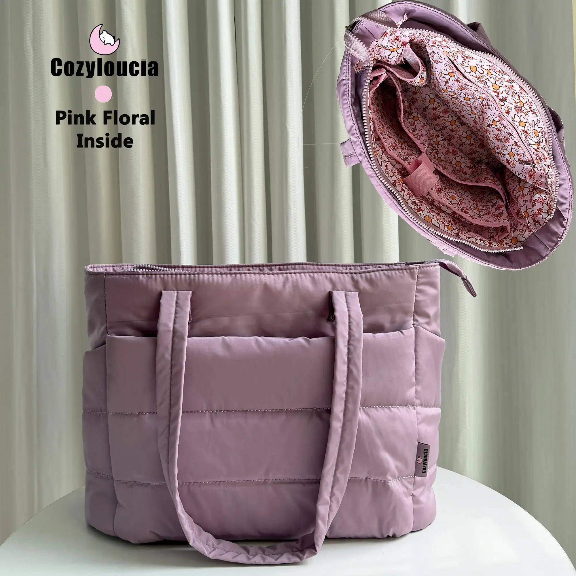 CozyLoucia Cute Puffer Tote Bag for Women Pink Flower Print Interior Laptop Shoulder Handbag
