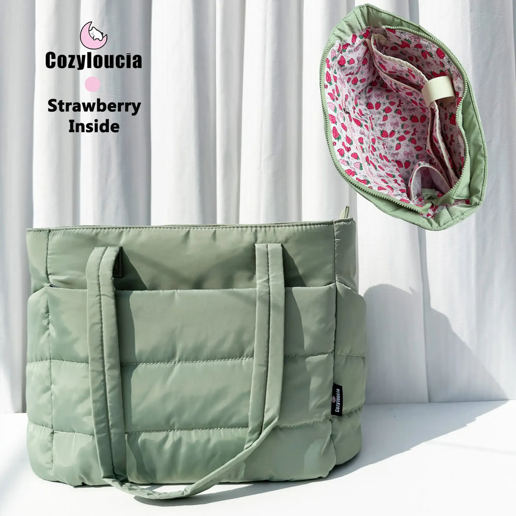 CozyLoucia Cute Puffer Tote Bag for Women Pink Flower Print Interior Laptop Shoulder Handbag