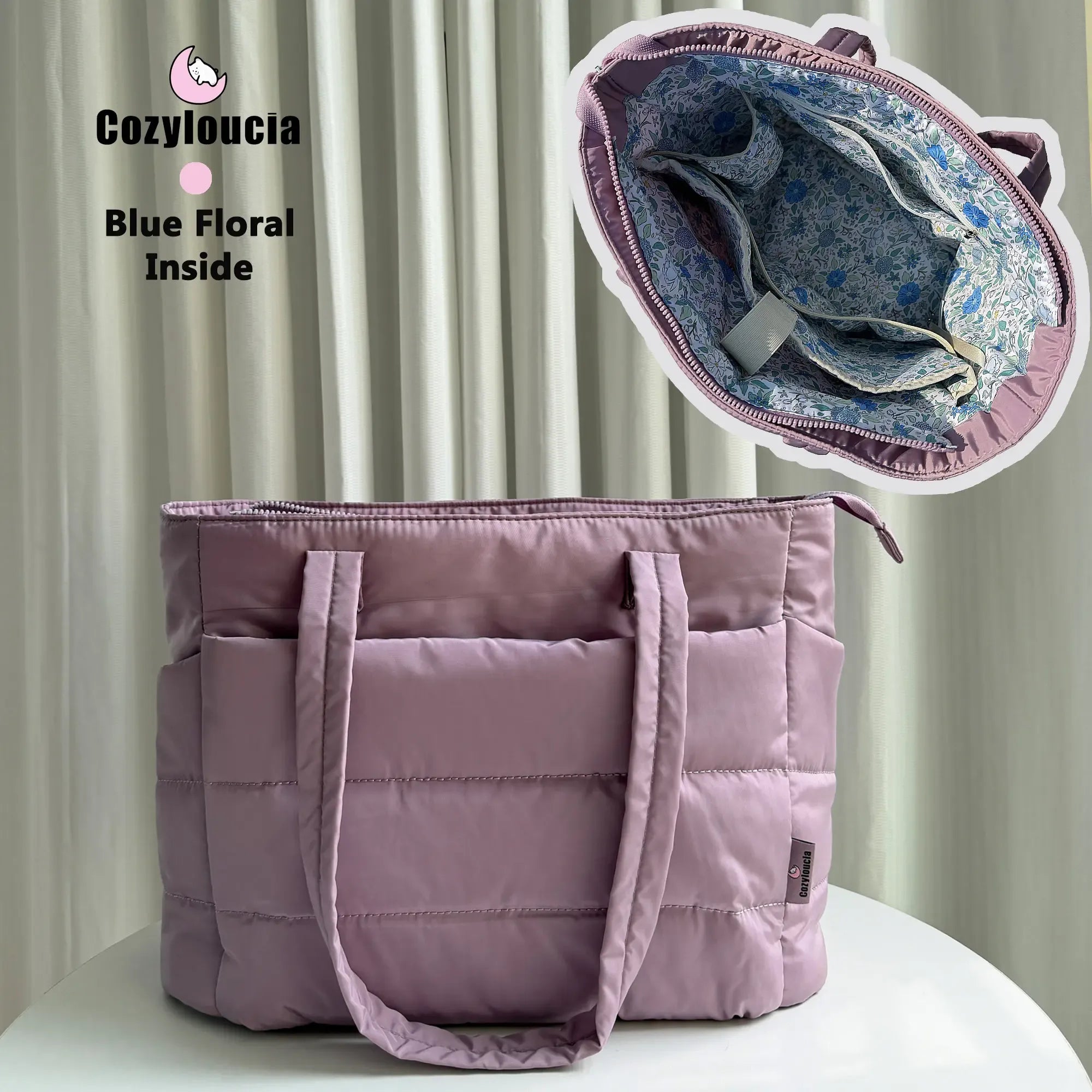 CozyLoucia Cute Puffer Tote Bag for Women Pink Flower Print Interior Laptop Shoulder Handbag