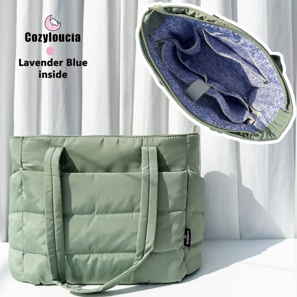 CozyLoucia Cute Puffer Tote Bag for Women Pink Flower Print Interior Laptop Shoulder Handbag