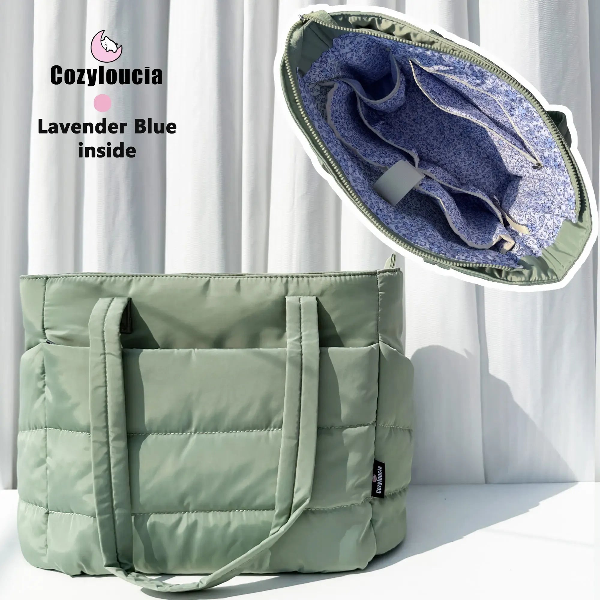 CozyLoucia Cute Puffer Tote Bag for Women Pink Flower Print Interior Laptop Shoulder Handbag