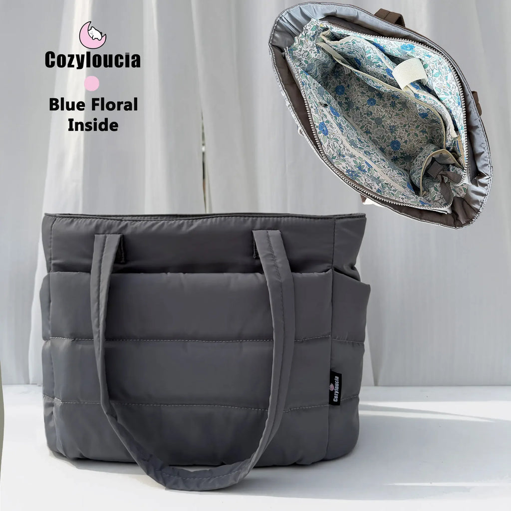 CozyLoucia Cute Puffer Tote Bag for Women Pink Flower Print Interior Laptop Shoulder Handbag