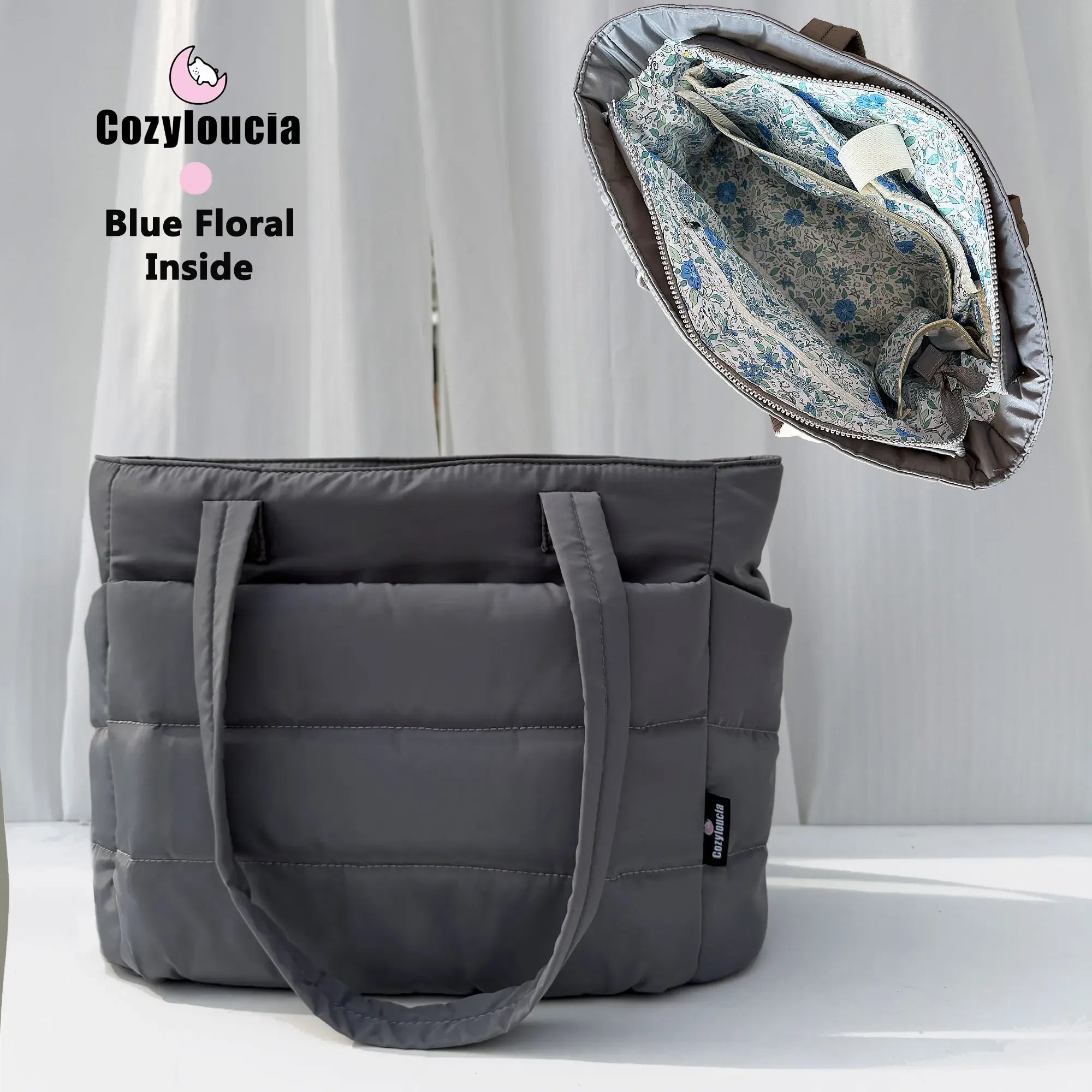 CozyLoucia Cute Puffer Tote Bag for Women Pink Flower Print Interior Laptop Shoulder Handbag